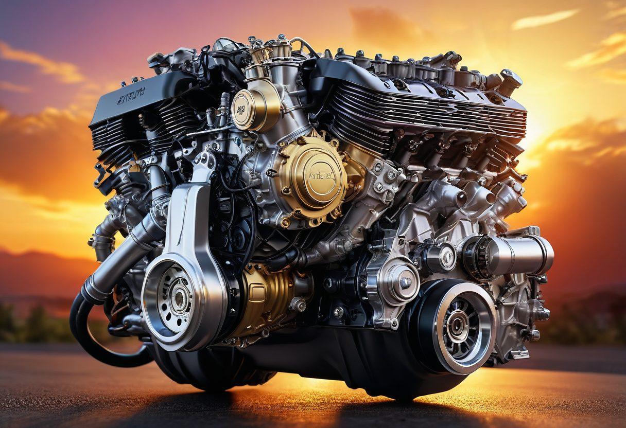 A powerful car engine surrounded by shimmering heart-shaped spark plugs and gleaming performance parts, symbolizing passion and precision. The background features a vibrant sunset, casting a warm glow on the scene, while soft steam rises in the air, reminiscent of romance. Dynamic movement is suggested with streaks of light and speed. super-realistic. vibrant colors. 3D.