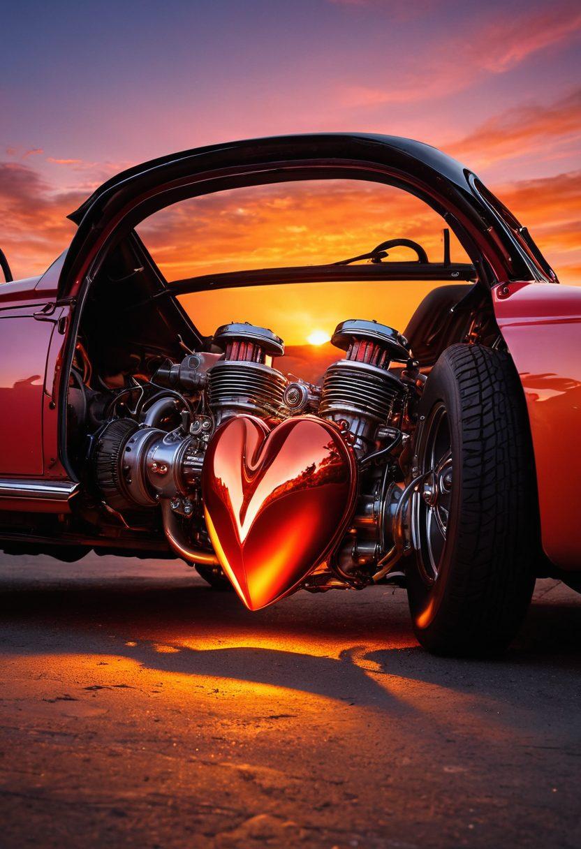 A heart-shaped engine radiating warm, glowing light, with essential car parts like tires and headlights as romantic symbols around it, set against a dreamy sunset backdrop, evoking passion and drive. The scene captures a couple passionately embracing near the car, emphasizing their love for each other and their vehicle. surrealistic. vibrant colors. warm tones.